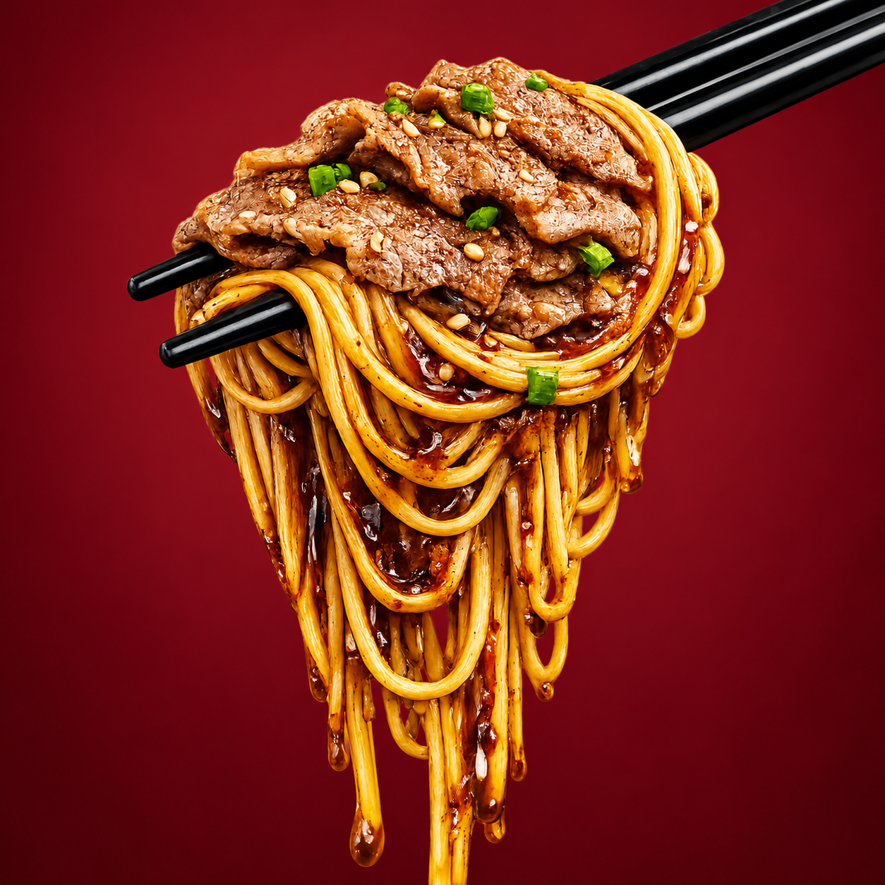 酒红色背景前，黑色筷子夹起牛肉片与金黄色面条