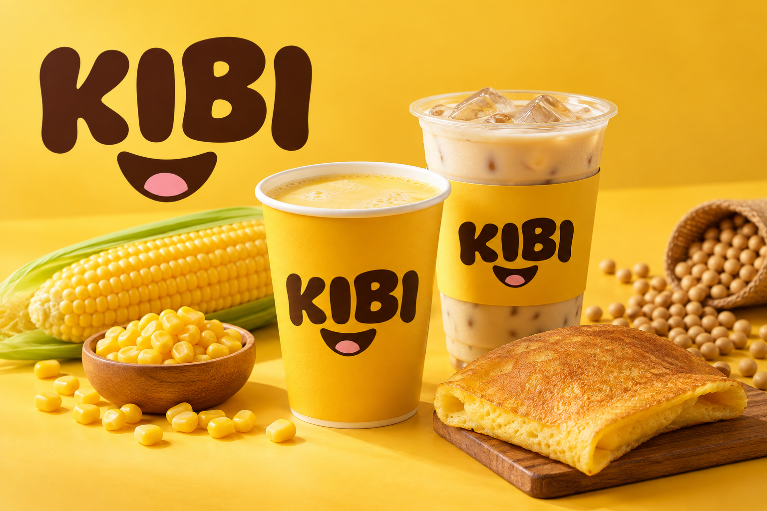 KIBI brand concept artwork with yellow drink cups, sweet corn, soya beans and a pancake
